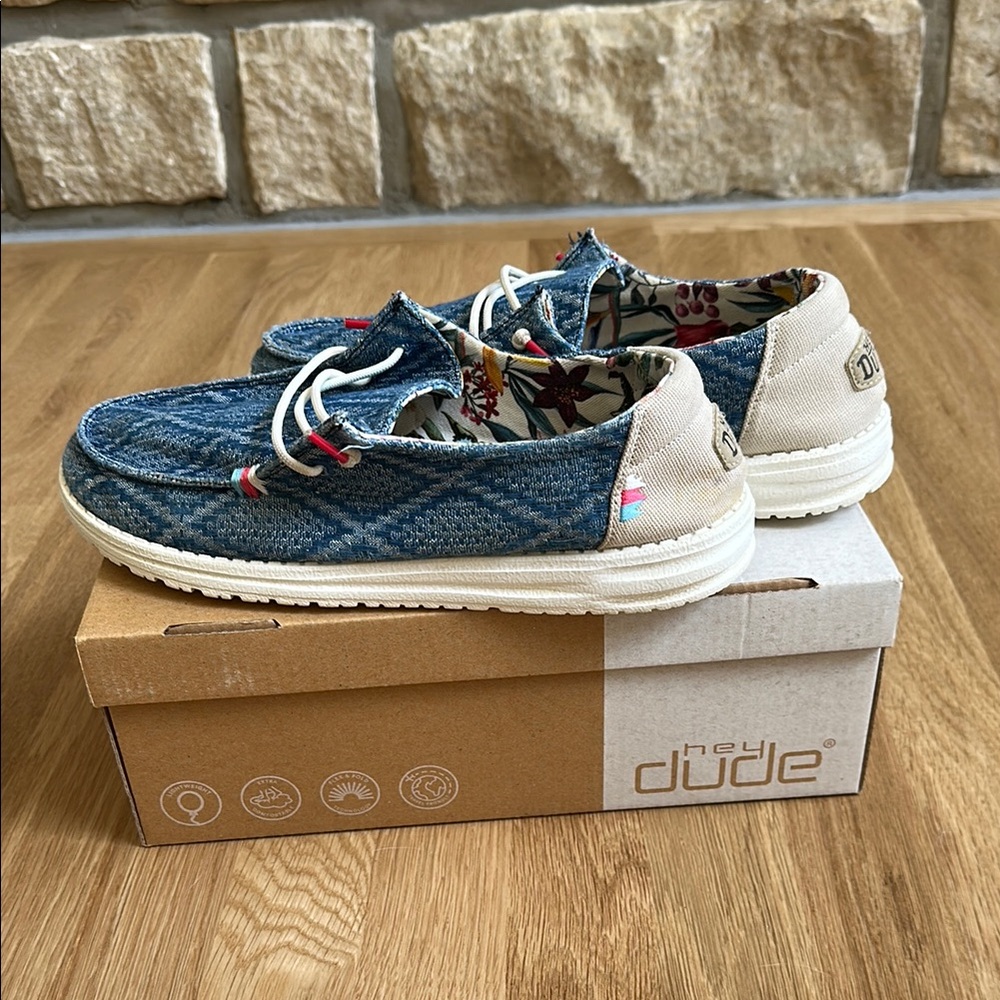 Hey Dude Blue and Cream Moccasins with Contrast Stitching